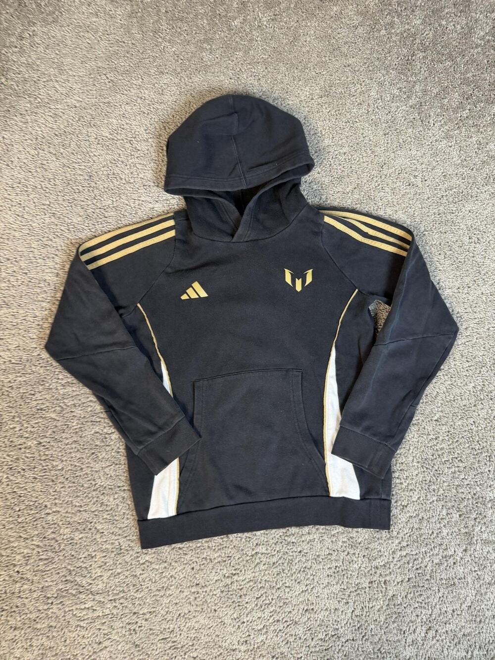 Adidas Hoodie Boys Medium Years Black Pullover Gold Stripes Messi Logo Fleece